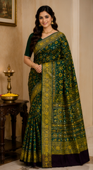 Pure Dark Olive Green Handblock Print Mirror work Modal Silk Saree
