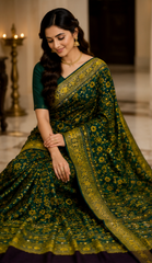 Pure Dark Olive Green Handblock Print Mirror work Modal Silk Saree