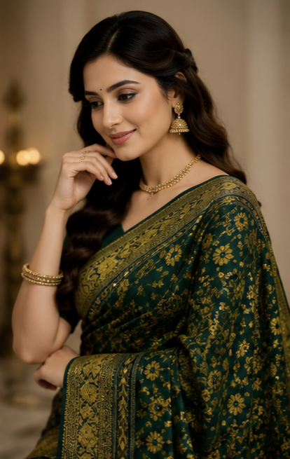 Pure Dark Olive Green Handblock Print Mirror work Modal Silk Saree