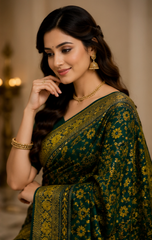 Pure Dark Olive Green Handblock Print Mirror work Modal Silk Saree