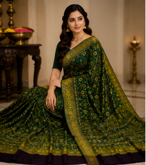 Pure Dark Olive Green Handblock Print Mirror work Modal Silk Saree