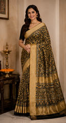 Pure Antique Gold Handblock Print Mirror Work Modal Silk Saree