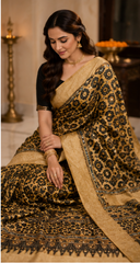 Pure Antique Gold Handblock Print Mirror Work Modal Silk Saree