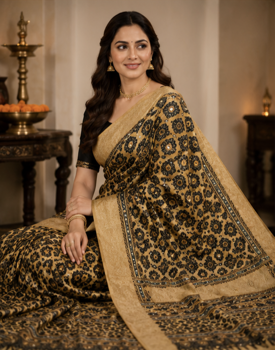 Pure Antique Gold Handblock Print Mirror Work Modal Silk Saree
