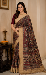 Pure Coffee Brown Handblock Print Mirror Work Modal Silk Saree