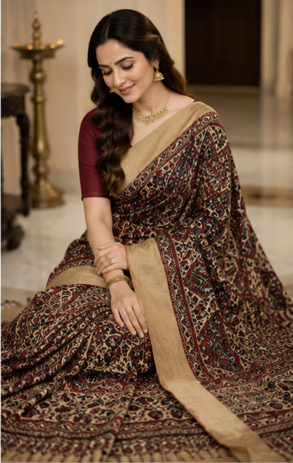 Pure Coffee Brown Handblock Print Mirror Work Modal Silk Saree