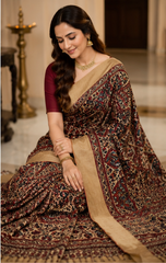 Pure Coffee Brown Handblock Print Mirror Work Modal Silk Saree