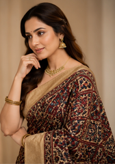 Pure Coffee Brown Handblock Print Mirror Work Modal Silk Saree