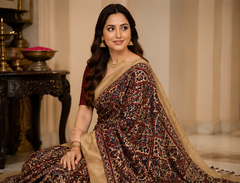 Pure Coffee Brown Handblock Print Mirror Work Modal Silk Saree