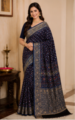 Pure Indigo Blue Handblock Print Mirror Work Modal Silk Saree