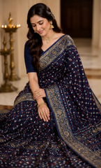 Pure Indigo Blue Handblock Print Mirror Work Modal Silk Saree
