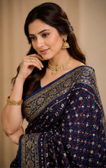 Pure Indigo Blue Handblock Print Mirror Work Modal Silk Saree
