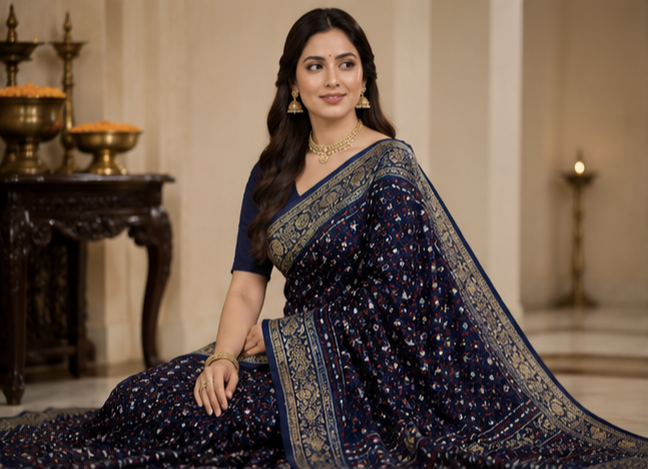 Pure Indigo Blue Handblock Print Mirror Work Modal Silk Saree