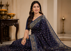 Pure Indigo Blue Handblock Print Mirror Work Modal Silk Saree