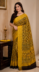 Pure Deep Gold Handblock Print Mirror Work Modal Silk Saree