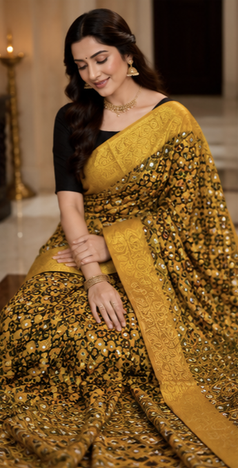 Pure Deep Gold Handblock Print Mirror Work Modal Silk Saree