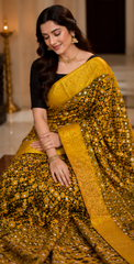 Pure Deep Gold Handblock Print Mirror Work Modal Silk Saree