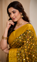 Pure Deep Gold Handblock Print Mirror Work Modal Silk Saree
