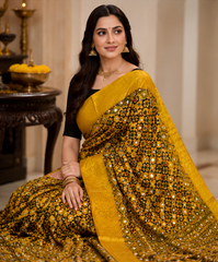 Pure Deep Gold Handblock Print Mirror Work Modal Silk Saree
