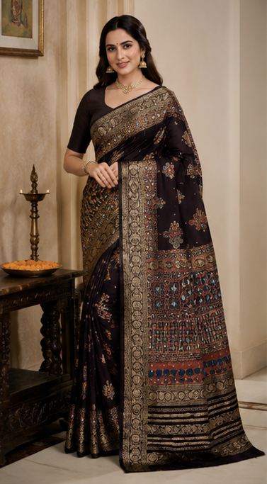 Pure Jet Black Handblock Print Mirror Work Modal Silk Saree
