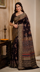 Pure Jet Black Handblock Print Mirror Work Modal Silk Saree