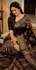 Pure Jet Black Handblock Print Mirror Work Modal Silk Saree