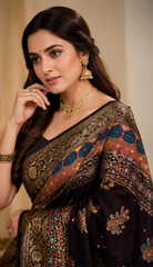 Pure Jet Black Handblock Print Mirror Work Modal Silk Saree