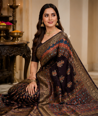 Pure Jet Black Handblock Print Mirror Work Modal Silk Saree