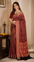 Pure Mahogany Brown Handblock Print Mirror Work Modal Silk Saree
