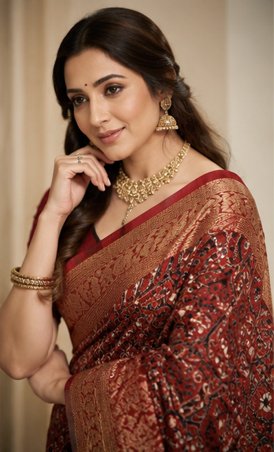 Pure Mahogany Brown Handblock Print Mirror Work Modal Silk Saree