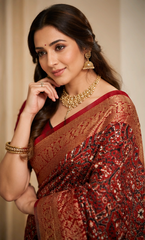 Pure Mahogany Brown Handblock Print Mirror Work Modal Silk Saree