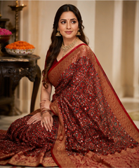 Pure Mahogany Brown Handblock Print Mirror Work Modal Silk Saree
