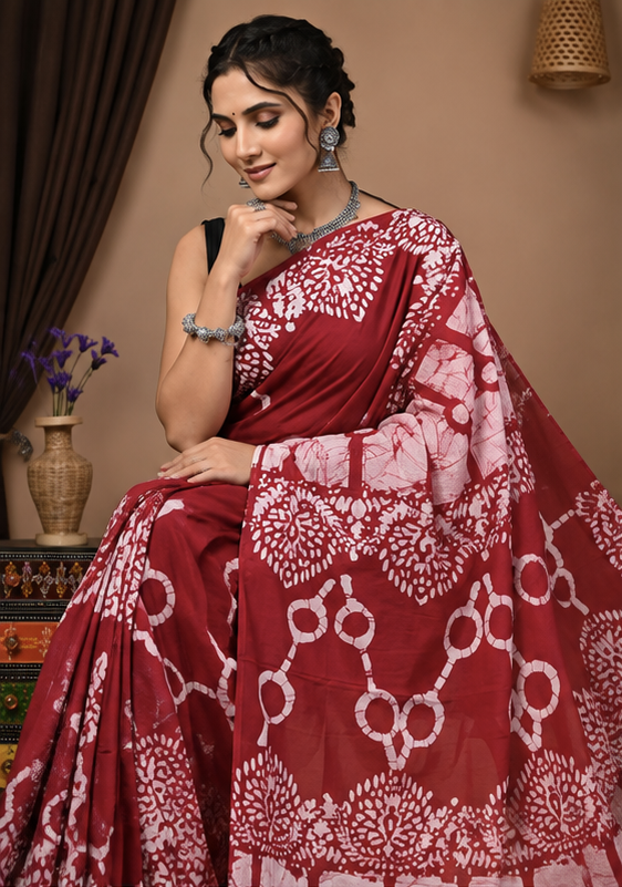 Pure Reddish Maroon Handblock Print Cotton Mulmul Saree