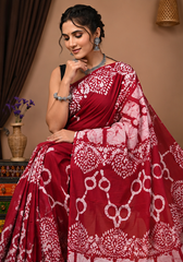 Pure Reddish Maroon Handblock Print Cotton Mulmul Saree