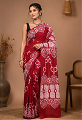 Pure Reddish Maroon Handblock Print Cotton Mulmul Saree