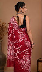 Pure Reddish Maroon Handblock Print Cotton Mulmul Saree