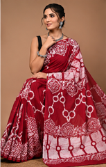 Pure Reddish Maroon Handblock Print Cotton Mulmul Saree