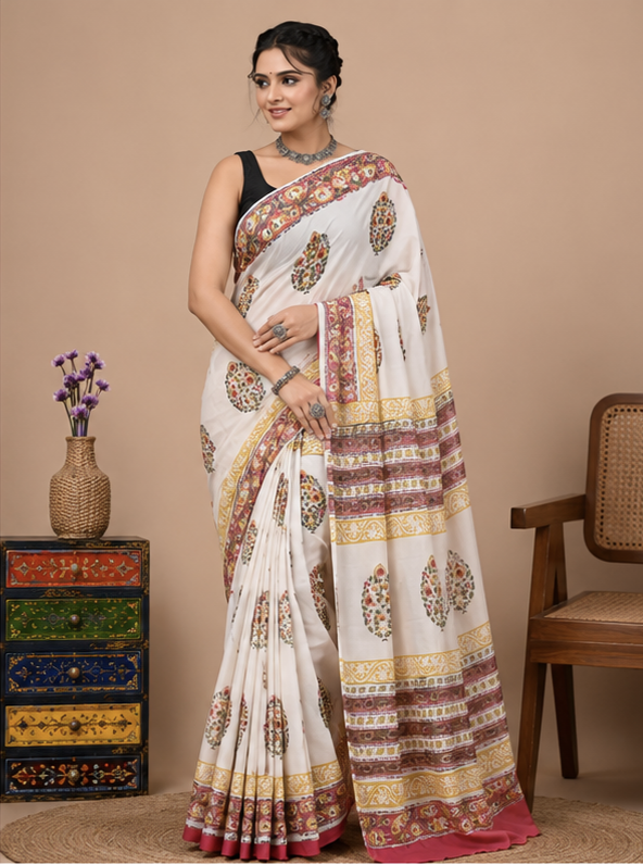 Pure Off-White Handblock Print Cotton Mulmul Saree
