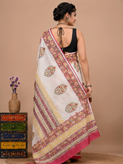 Pure Off-White Handblock Print Cotton Mulmul Saree
