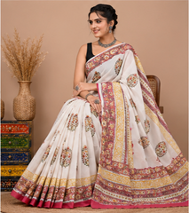 Pure Off-White Handblock Print Cotton Mulmul Saree