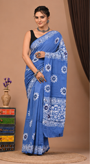 Pure Sky Blue handblock Print Cotton Mulmul Saree