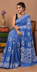 Pure Sky Blue handblock Print Cotton Mulmul Saree