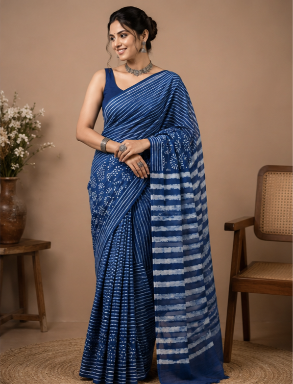 Pure Indigo Blue Handblock Print Cotton Mulmul Saree