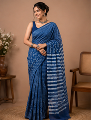 Pure Indigo Blue Handblock Print Cotton Mulmul Saree