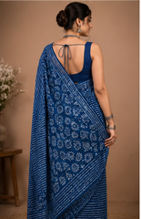 Pure Indigo Blue Handblock Print Cotton Mulmul Saree