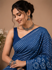Pure Indigo Blue Handblock Print Cotton Mulmul Saree