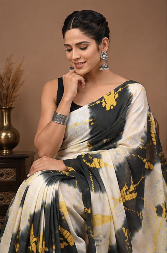 Pure White-Black Handblock Print Cotton Mulmul Saree