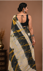 Pure White-Black Handblock Print Cotton Mulmul Saree