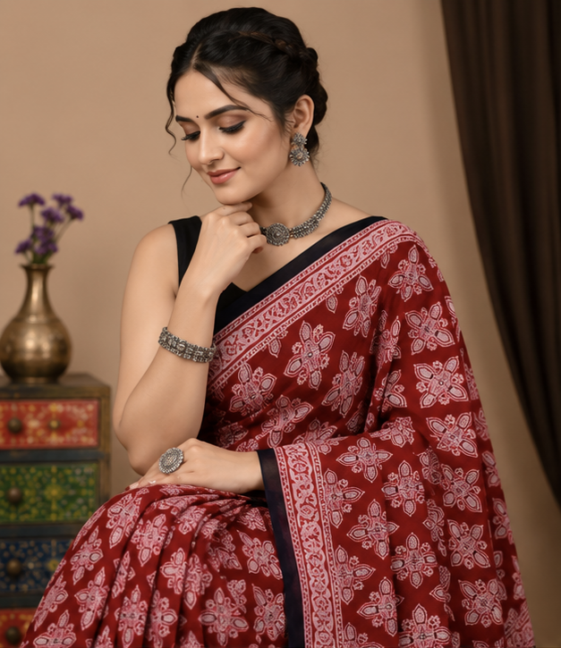 Pure Red Squares Handblock Print Cotton Mulmul Saree