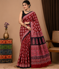 Pure Red Squares Handblock Print Cotton Mulmul Saree